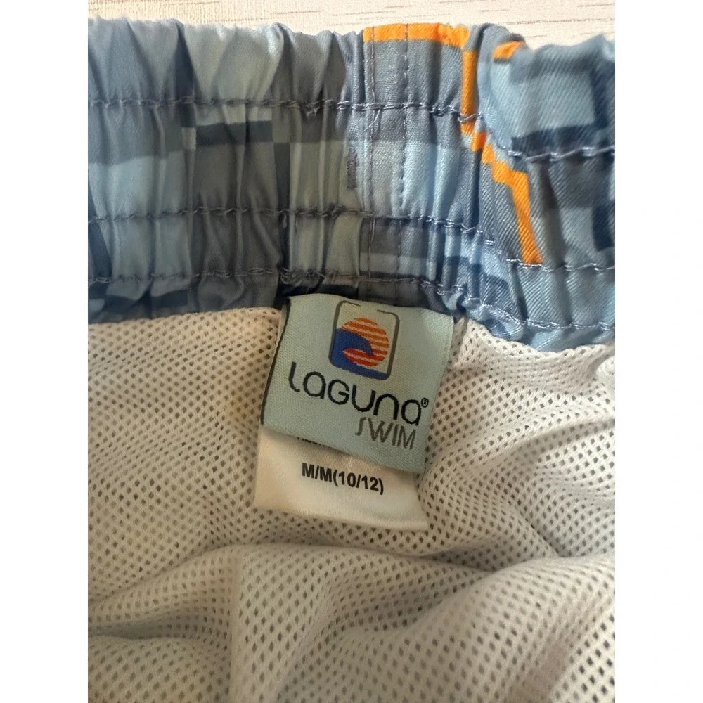 Laguna Swim Boys Board Shorts Grey Orange Geometric Checkered Trunks M 10/12 NEW